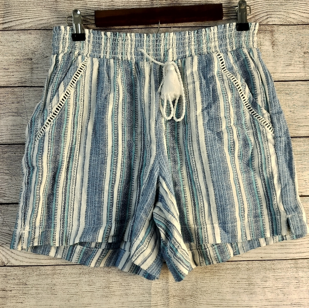 Briggs Medium blue striped linen blend tassel shorts